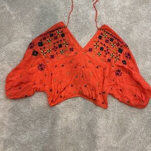 Free People Music In Time Embroidered Top in bright orange. Size medium